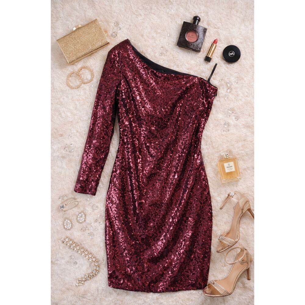 Nightway Burgundy Sequin One Shoulder Dress Size 12P Petite Cocktail Party